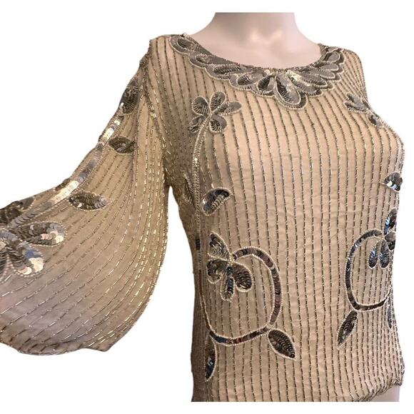 Vintage 60s Ivory Sequin Floral Beaded Silk Top Sz M 3/4 Sleeve Scalloped Beaded - Picture 15 of 16